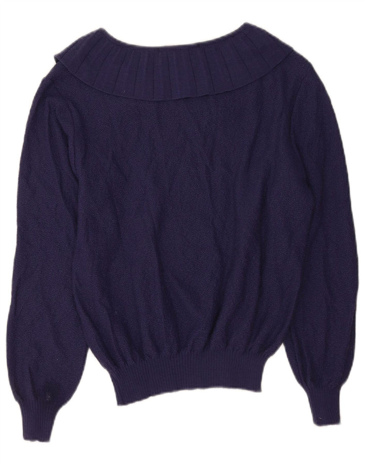 vintage Femmes Crop Boat Neck Jumper Pull EU 40 Bleu Marine Moyen