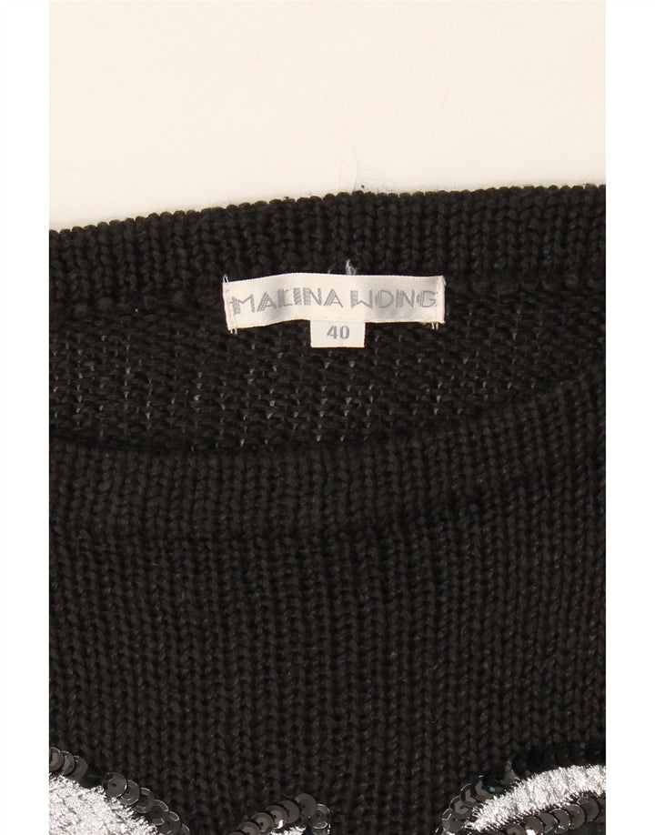 MALINA WONG Womens Graphic Crew Neck Jumper Sweater EU 40 Medium Black Vintage Malina Wong and Second-Hand Malina Wong from Messina Hembry 