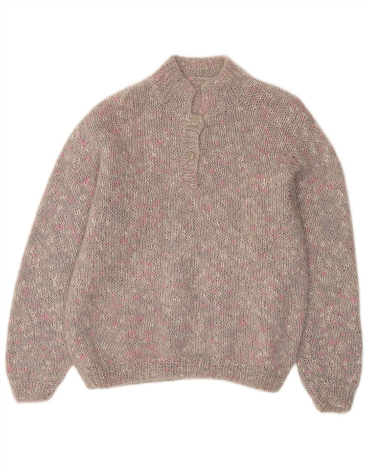 VINTAGE Femme Bouton Neck Jumper Pull UK 14 Grand Gris Moucheté