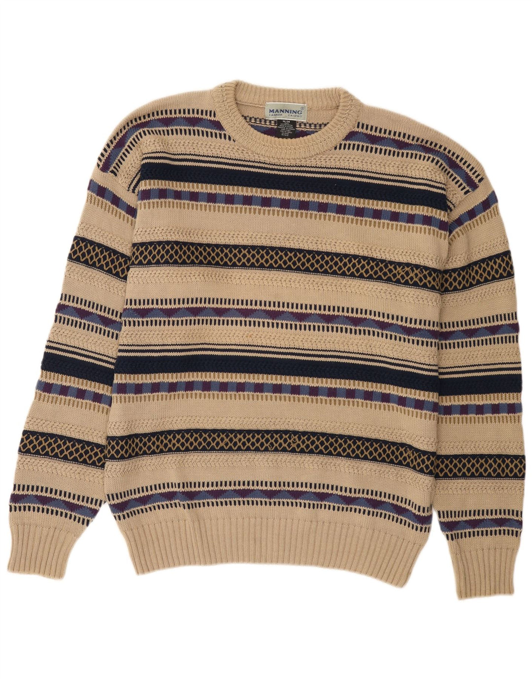 Canada Pull à col rond pour homme en coton rayé beige moyen