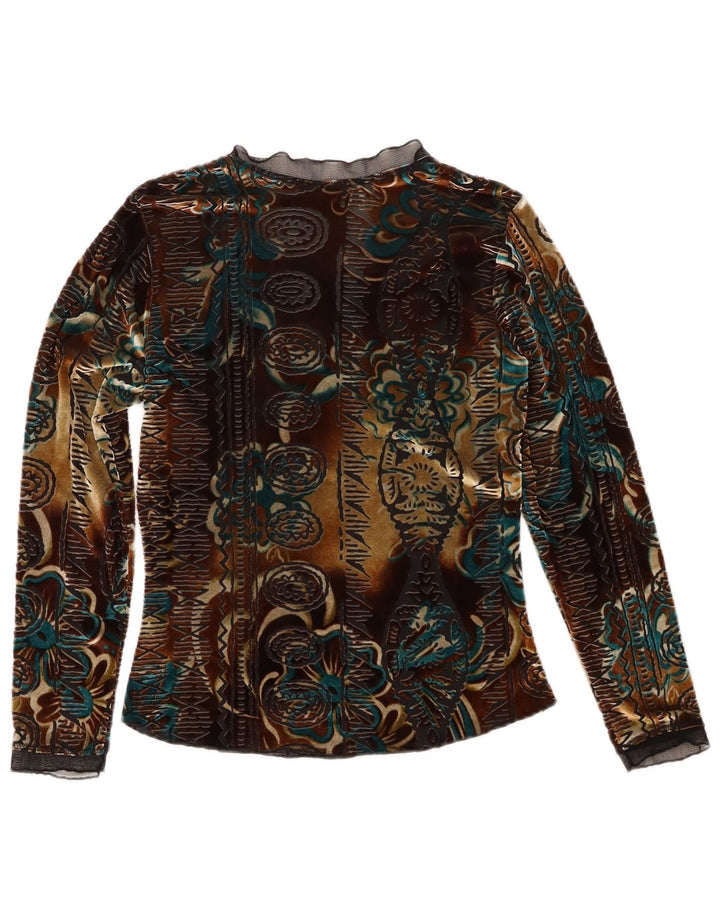 Vintage Womens Velvet Top Manches Longues UK 6 XS Floral Multicolore