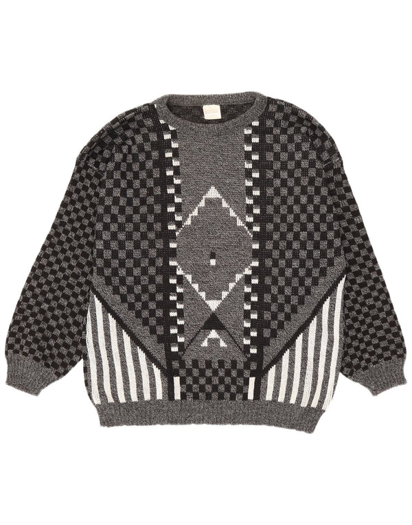 vintage Mens V-Col Jumper Pull Grand Gris Géométrique Acrylique
