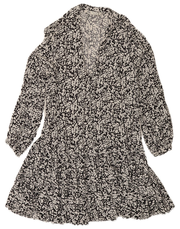 Zara Robe trapèze à manches longues pour femme UK 6 XS Noir Imprimé animal