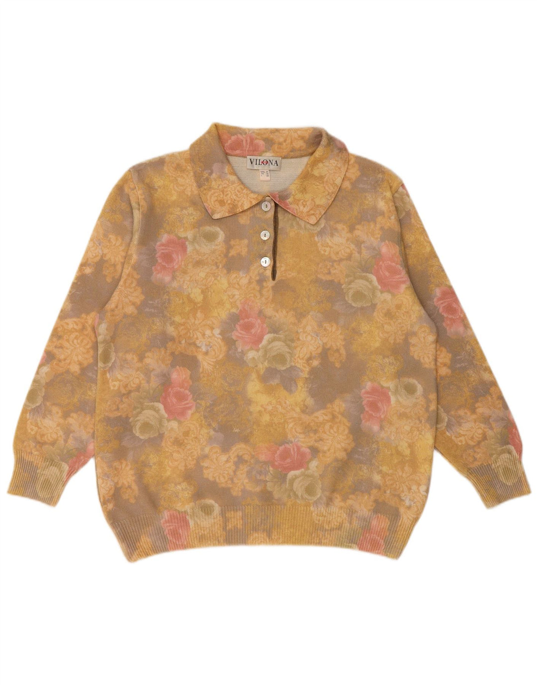 VILONA MODA Pull col polo pour femme UK 18 XL Laine florale jaune