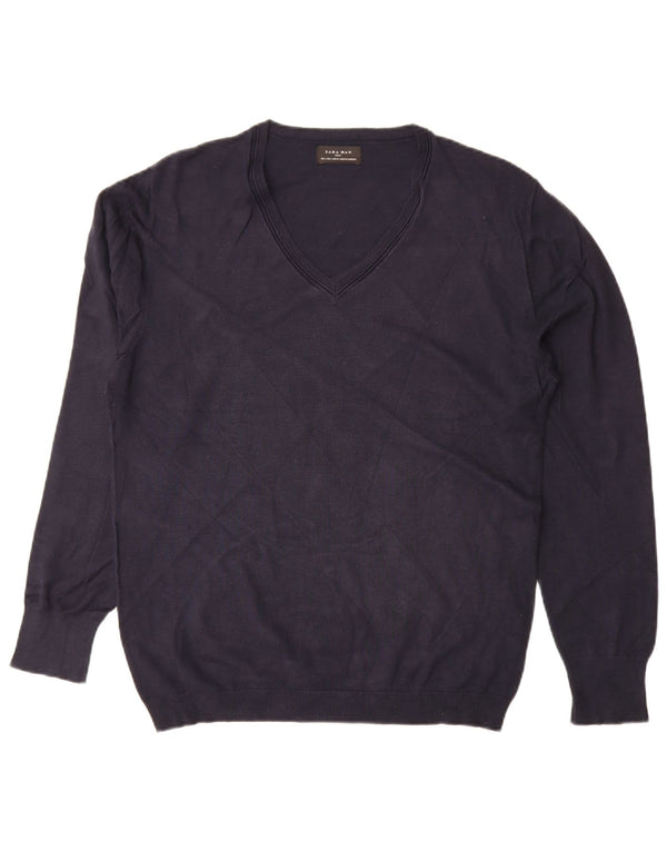 Zara Pull Col V Homme Large Bleu Marine Viscose