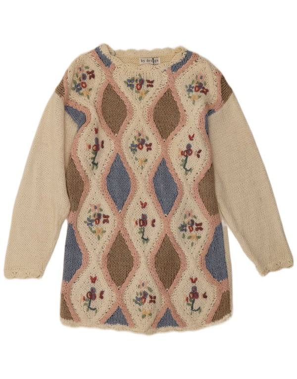 vintage Womens Boat Neck Jumper Sweater UK 10 Petit Off White Géométrique