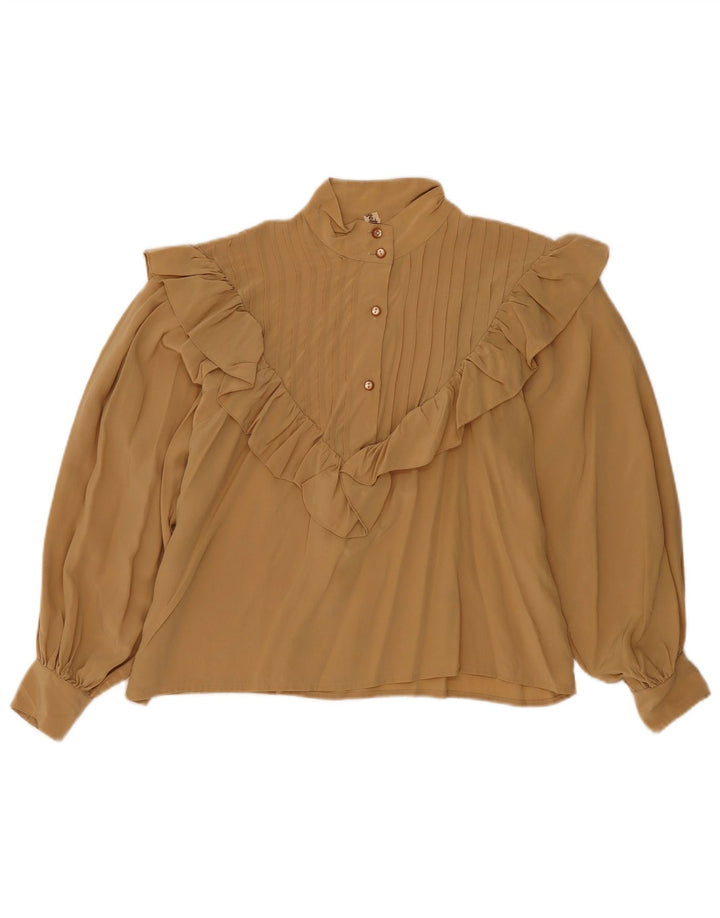 vintage Femmes Manches Longues Volant Avant Blouse Top IT 46 Grande Soie Beige