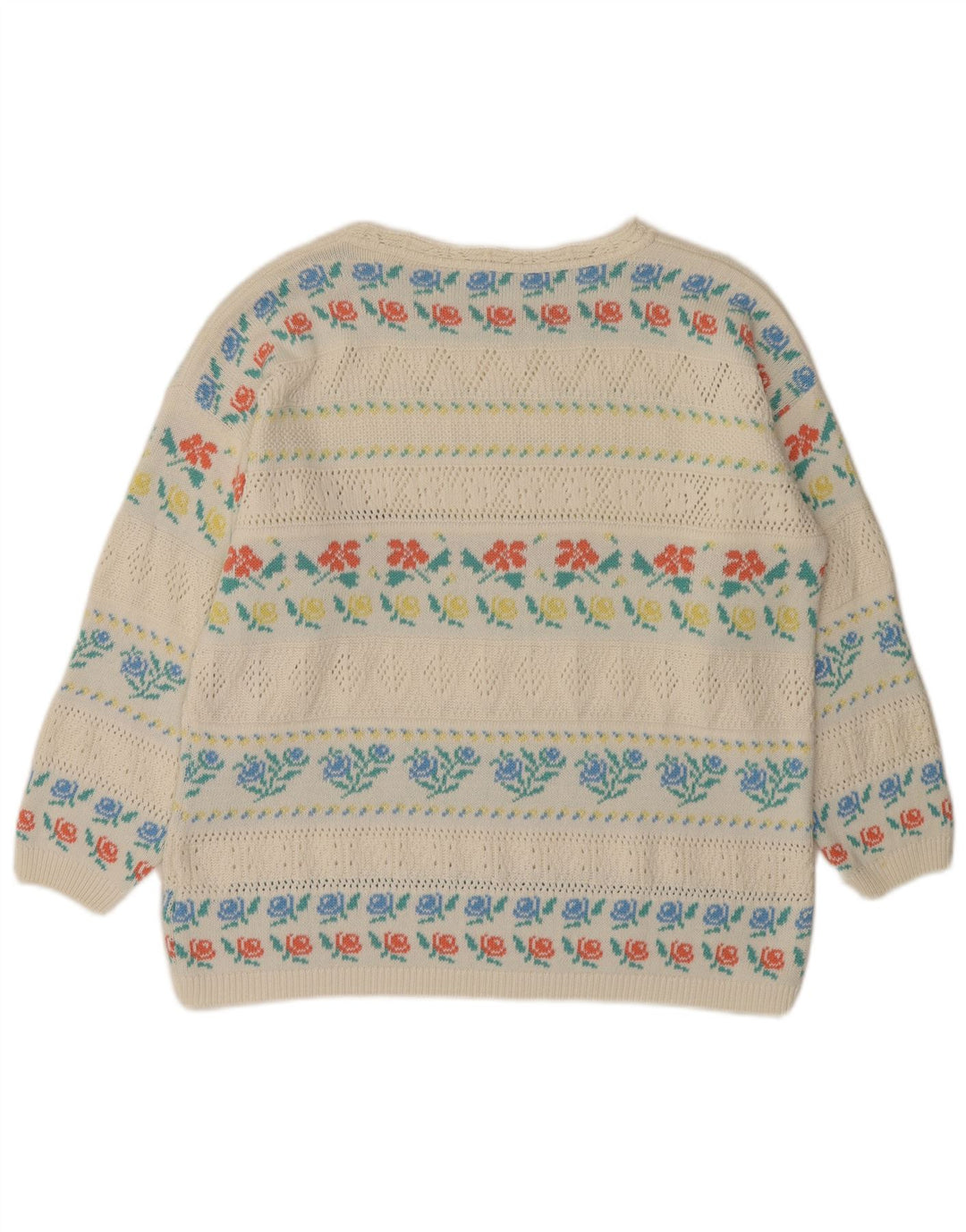 VINTAGE Femme Col Bateau Pull Pull IT 46 Grand Acrylique Floral Blanc