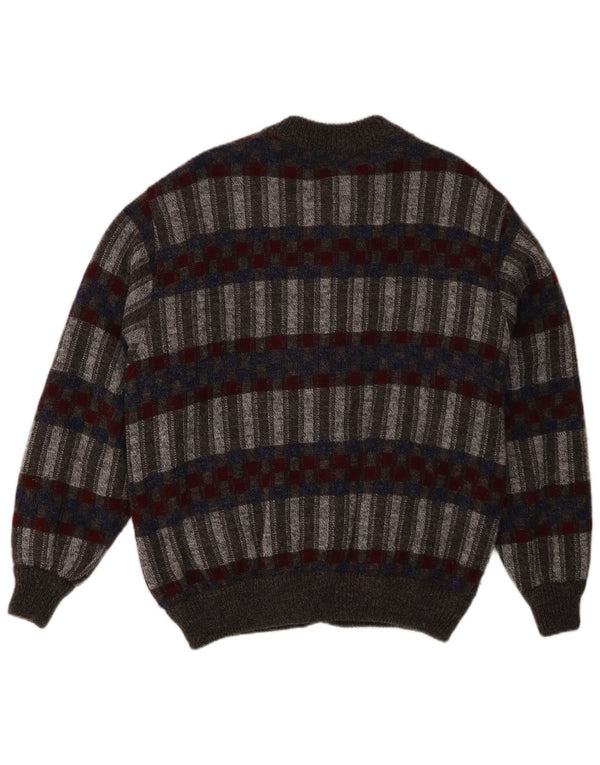 vintage Mens Knit Bomber Jacket UK 42 XL Gris Géométrique Acrylique