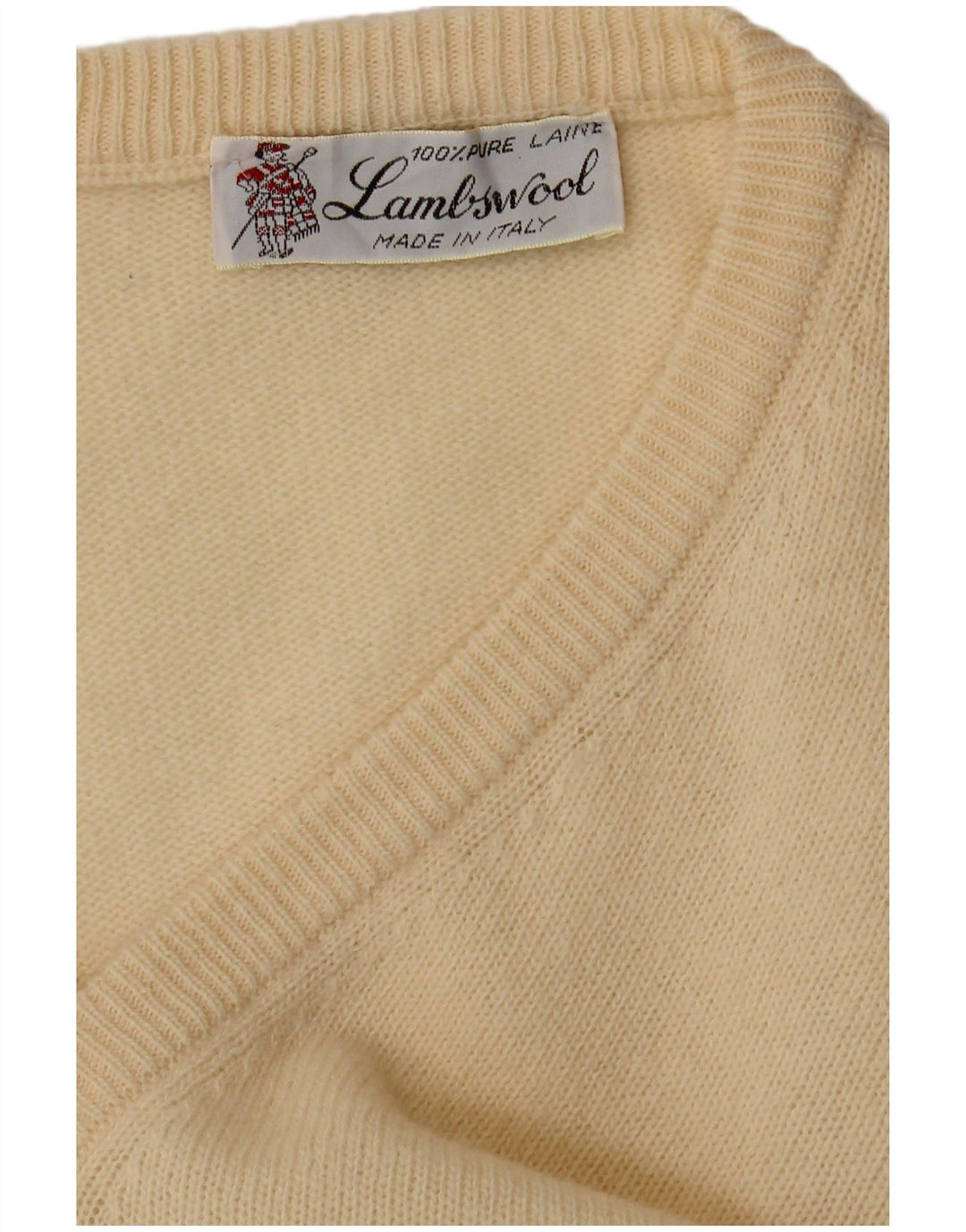 vintage Homme Col V Pull Pull Moyen Beige Laine d’Agneau