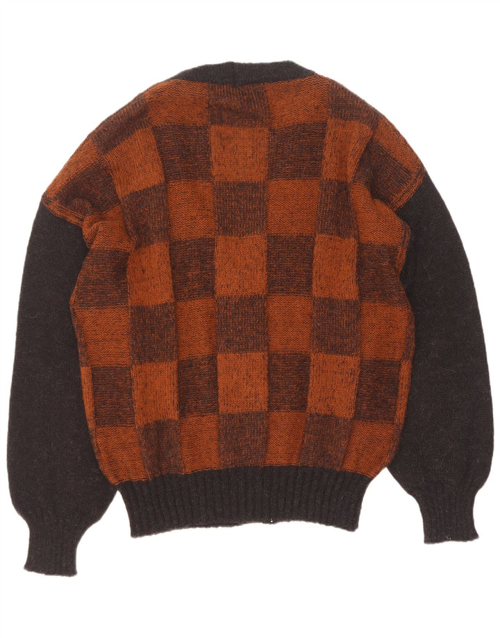 vintage Mens Cardigan Pull Grand Marron Géométrique