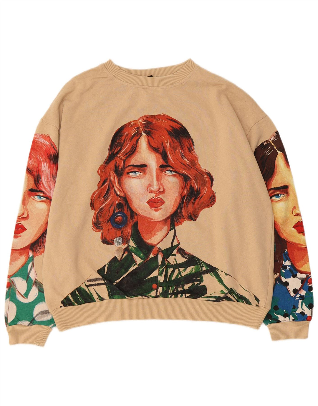 ZARA Femme Oversize Crop Graphic Sweatshirt Jumper UK 14 Beige Moyen