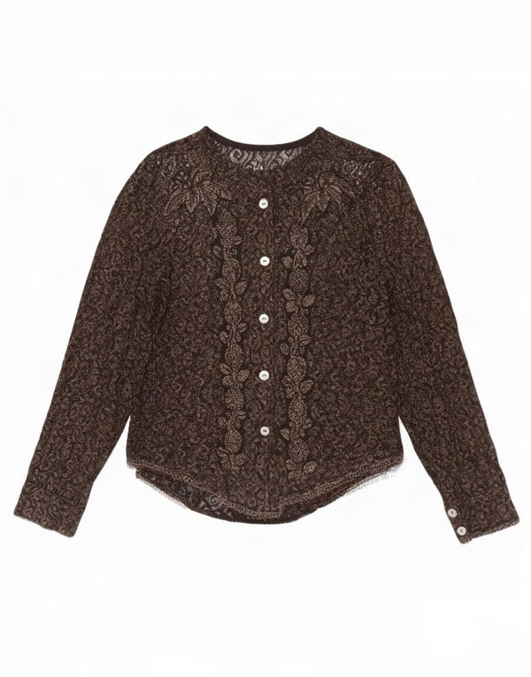 Vintage Womens Lace Shirt Blouse UK 12 Medium Brown Floral