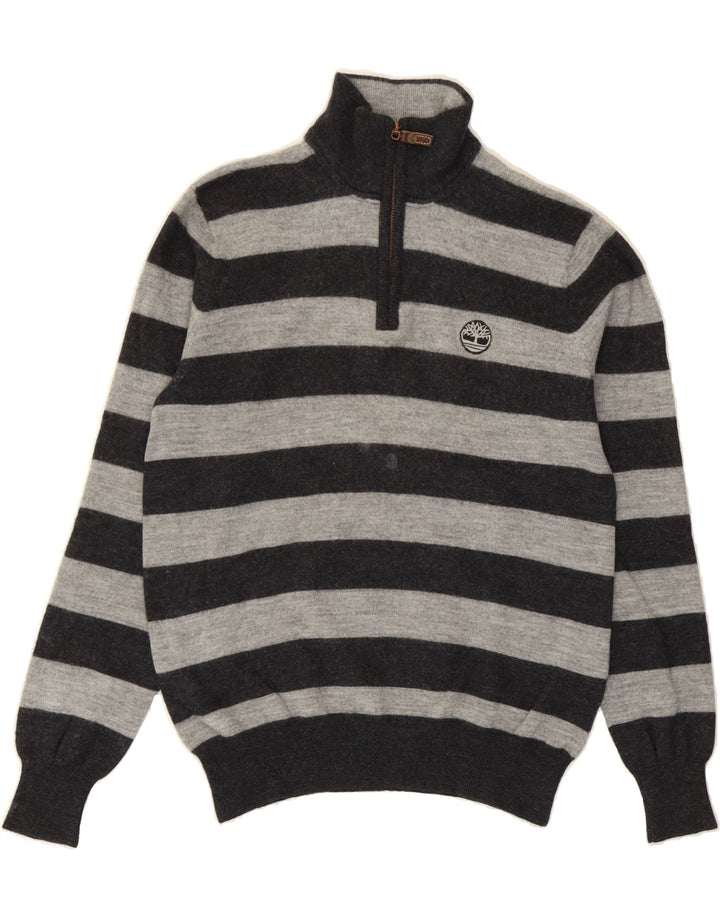 TIMBERLAND Mens Regular Fit Zip Neck Jumper Sweater Medium Grey Striped Vintage Timberland and Second-Hand Timberland from Messina Hembry 