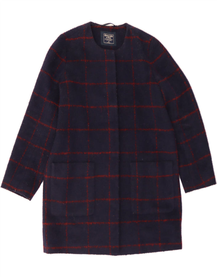 ABERCROMBIE & FITCH Womens Overcoat UK 14 Medium Navy Blue Check Polyester Vintage Abercrombie & Fitch and Second-Hand Abercrombie & Fitch from Messina Hembry 
