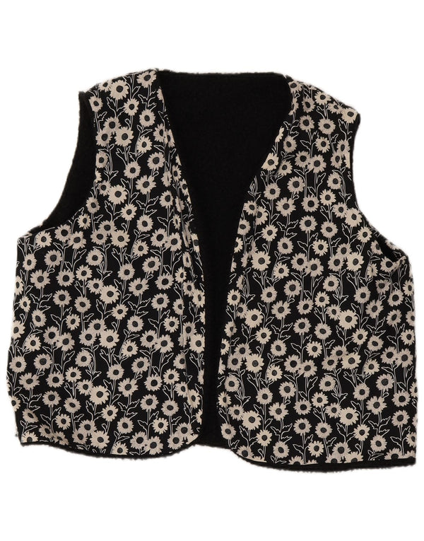 vintage Womens Réversible Gilet UK 16 Grand Noir Floral