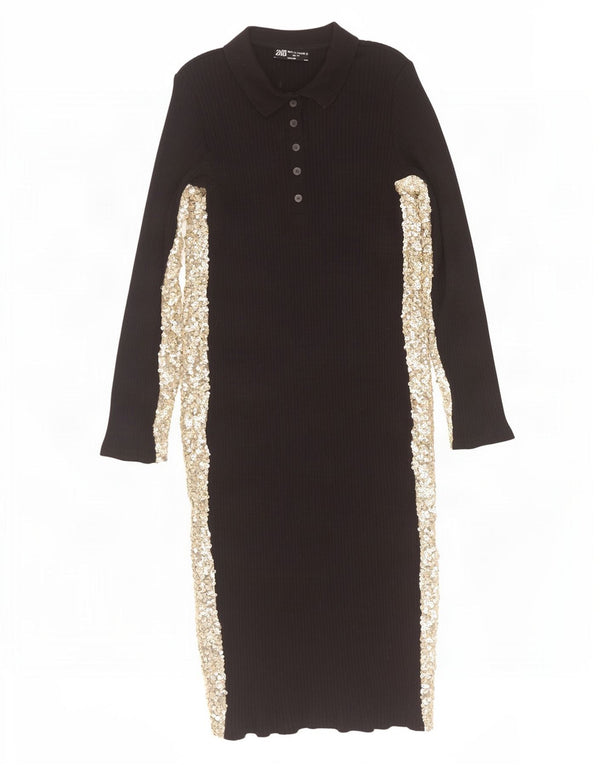 Zara Robe polo à manches longues pour femme UK 44 Large Noir Colorblock