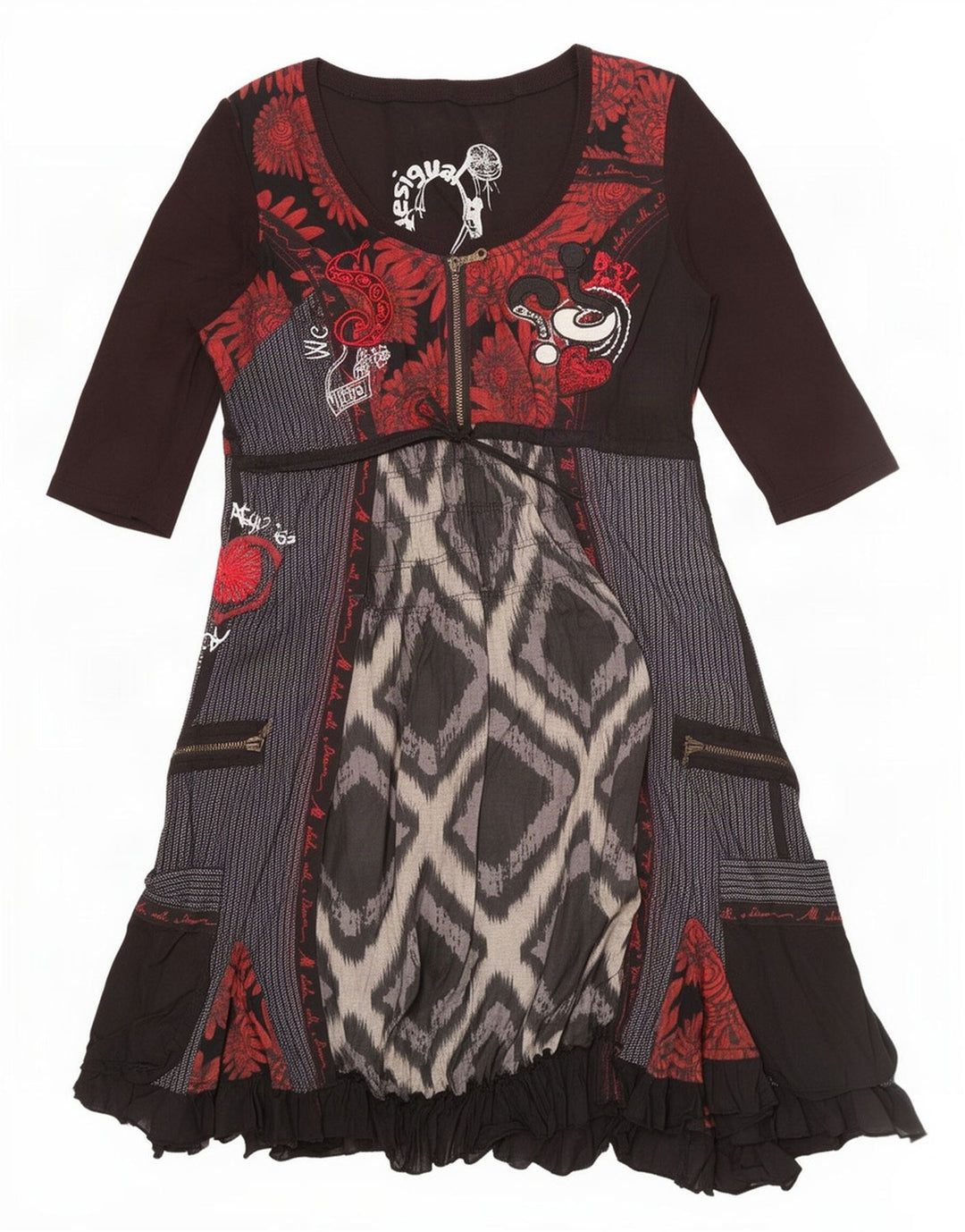 Desigual Robe Empire Femme EU 42 Grand Noir Patchwork Coton