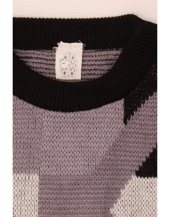 vintage Mens Crew Neck Jumper Sweater IT 48 Moyen Gris Géométrique Acrylique