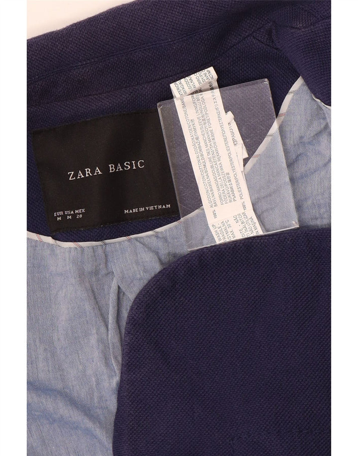 Zara Womens Crop 1 Button Blazer Jacket UK 12 Moyen Bleu Marine Coton