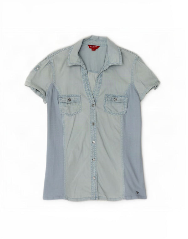 Guess Chemise en jean à manches courtes pour femme UK 12 Bleu moyen Tencel