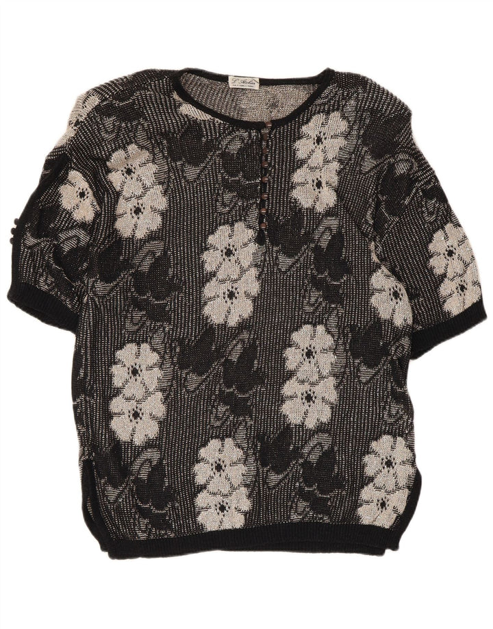 vintage Femmes Bouton Cou Jumper Pull UK 14 Moyen Noir Floral