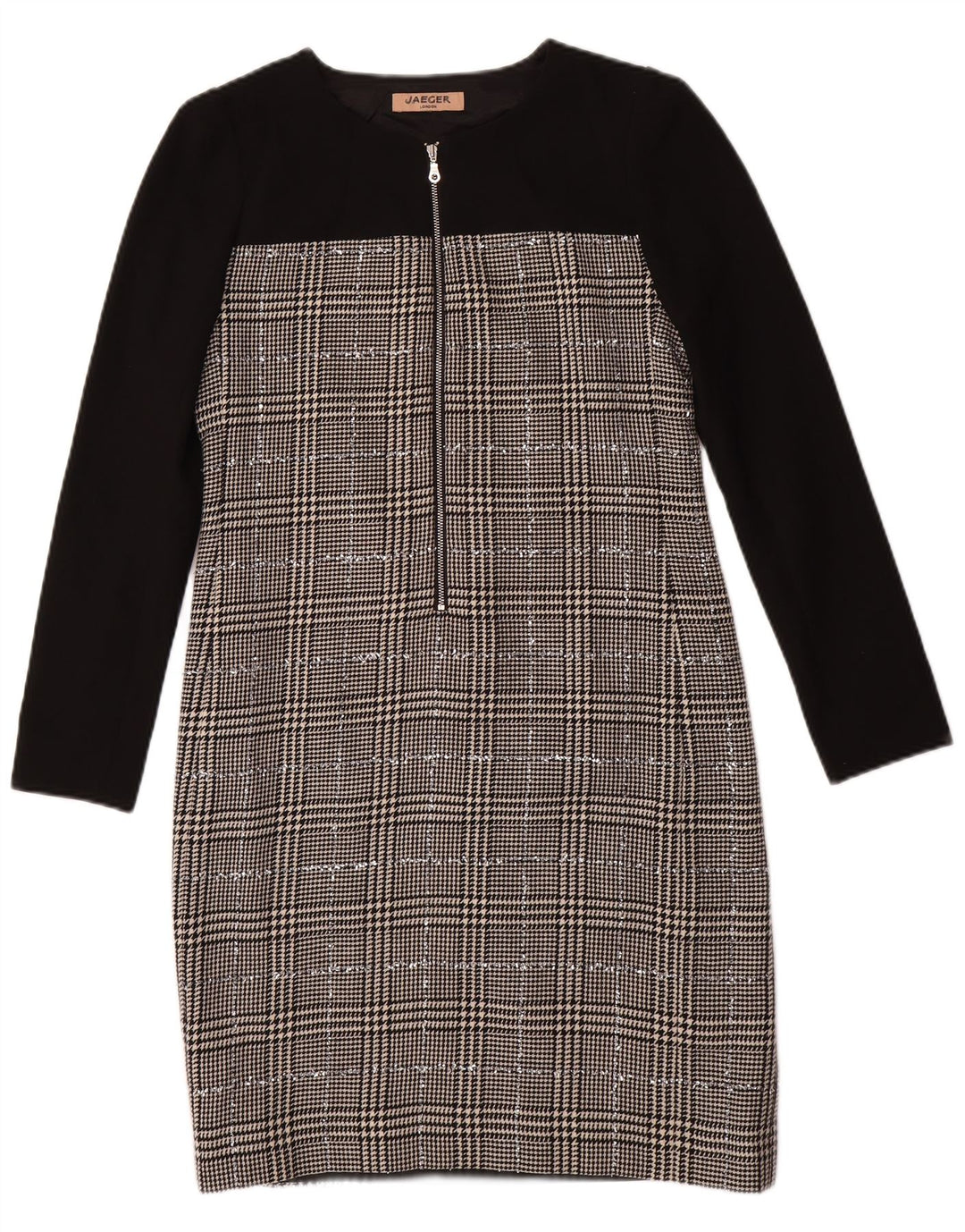 JAEGER Robe fourreau à manches longues pour femme UK 8 Petite laine pied-de-poule noire