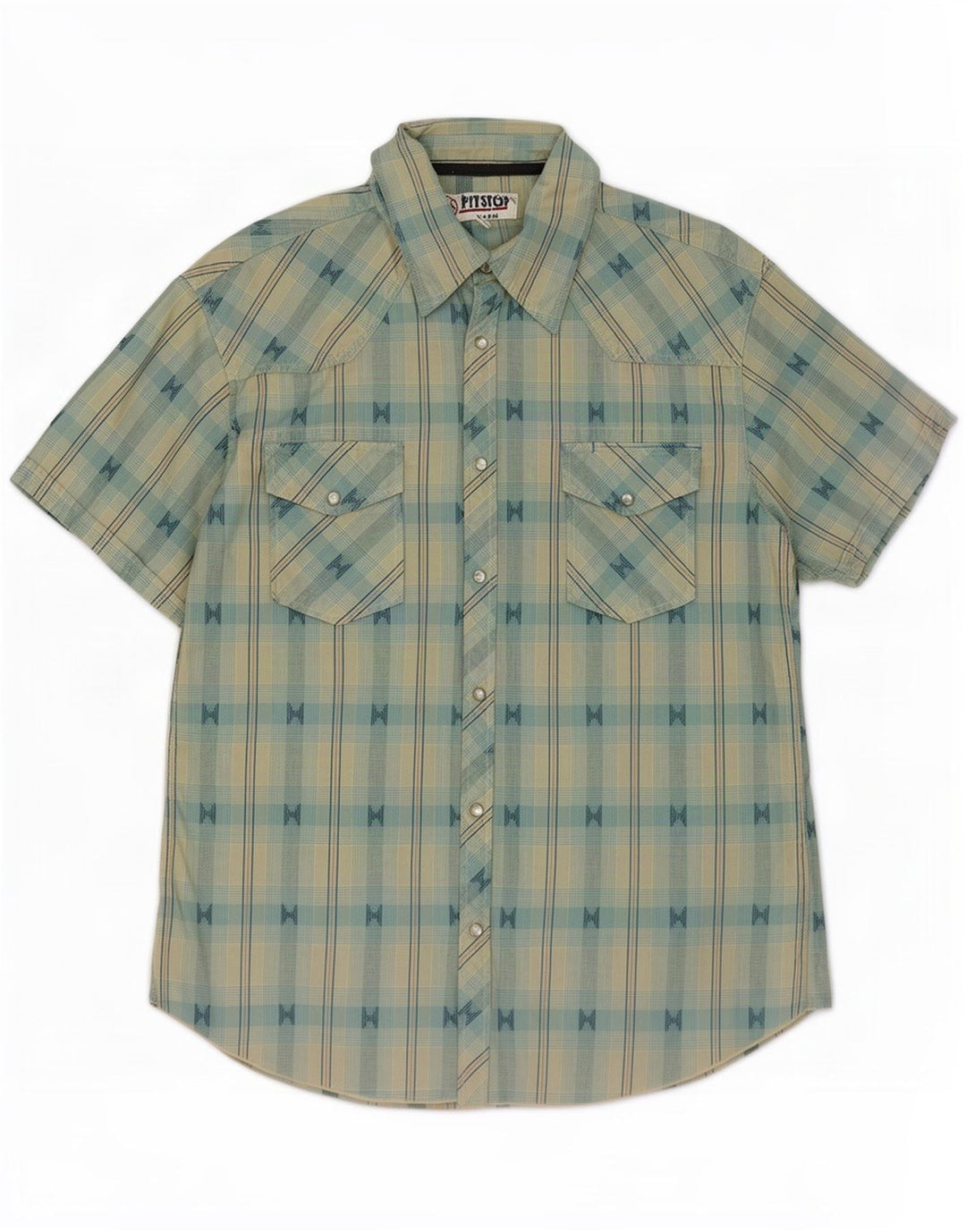 Pit Stop Chemise à manches courtes pour homme en coton à petits carreaux bleus