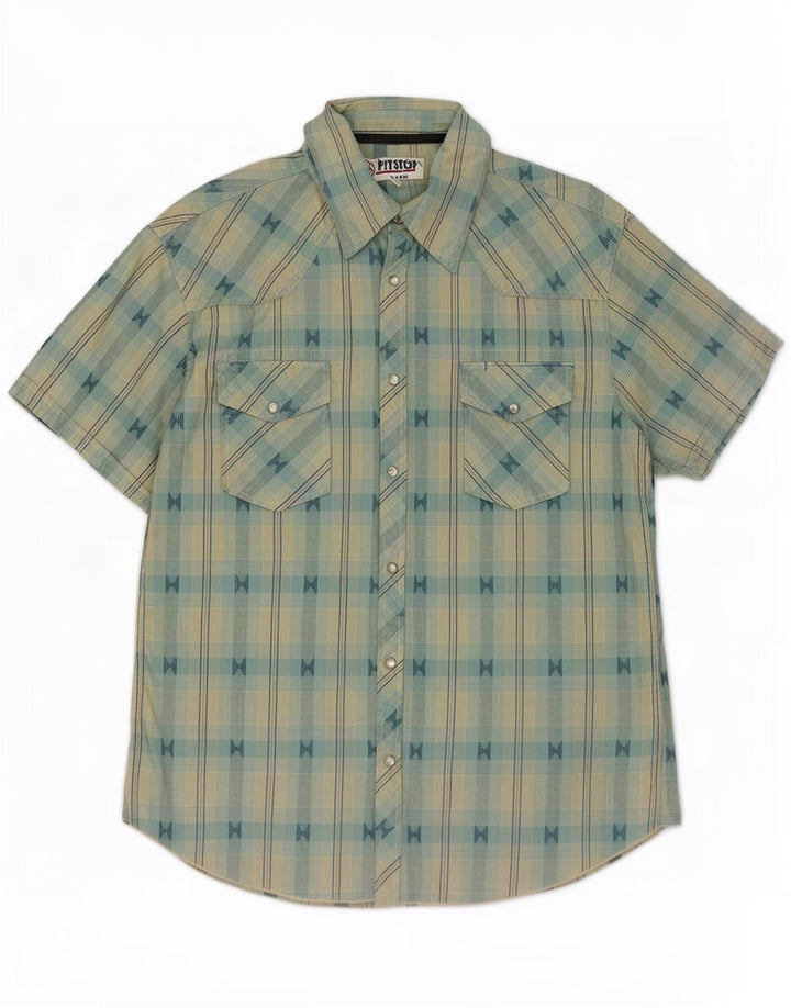 Pit Stop Chemise à manches courtes pour homme en coton à petits carreaux bleus
