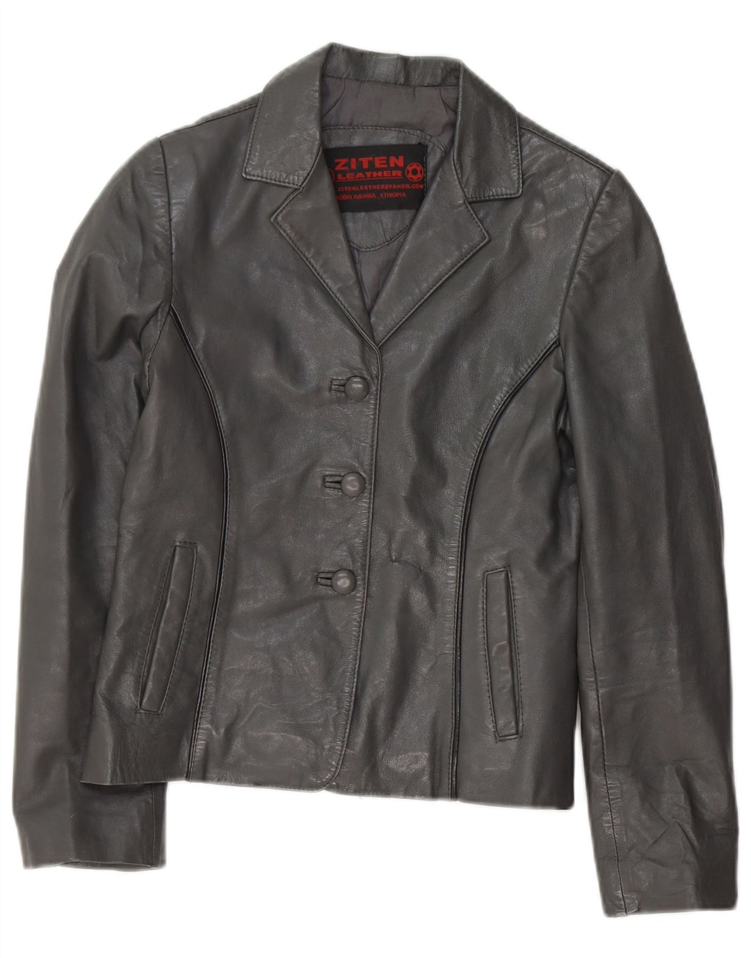 vintage Womens Crop 3 Button Leather Blazer Jacket UK 8 Petit cuir gris