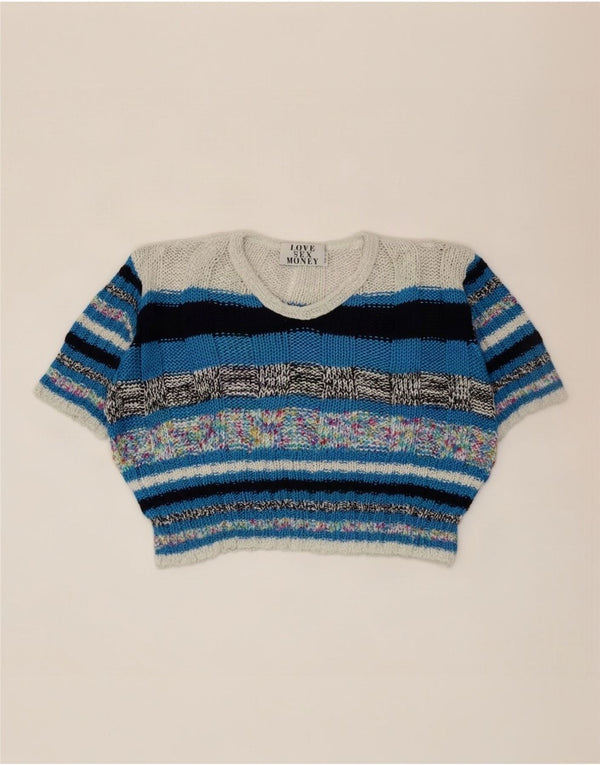 vintage Womens Crop V-Col Jumper Sweater UK 14 Moyen Multicolore