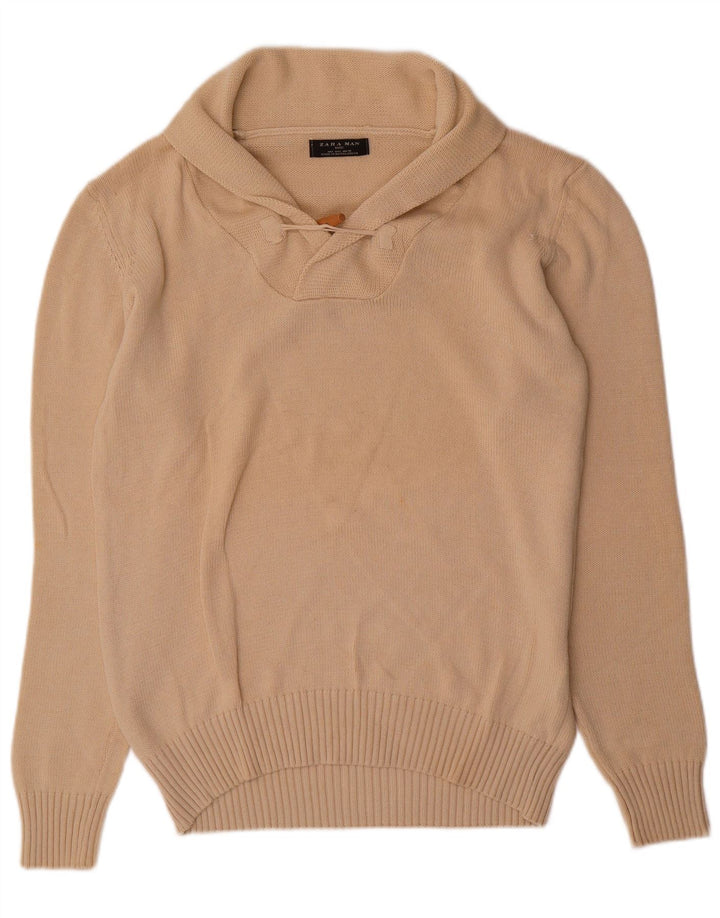 Zara Pull à col châle pour homme en coton beige Large