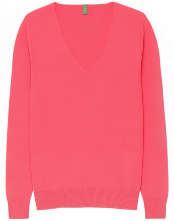 Benetton Pull col V pour femme UK 14 Large Rose Coton