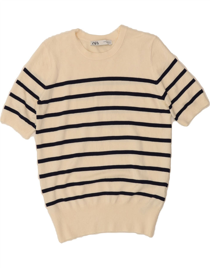 ZARA Womens Crew Neck Jumper Sweater UK 12 Medium Off White Striped Vintage Zara and Second-Hand Zara from Messina Hembry 