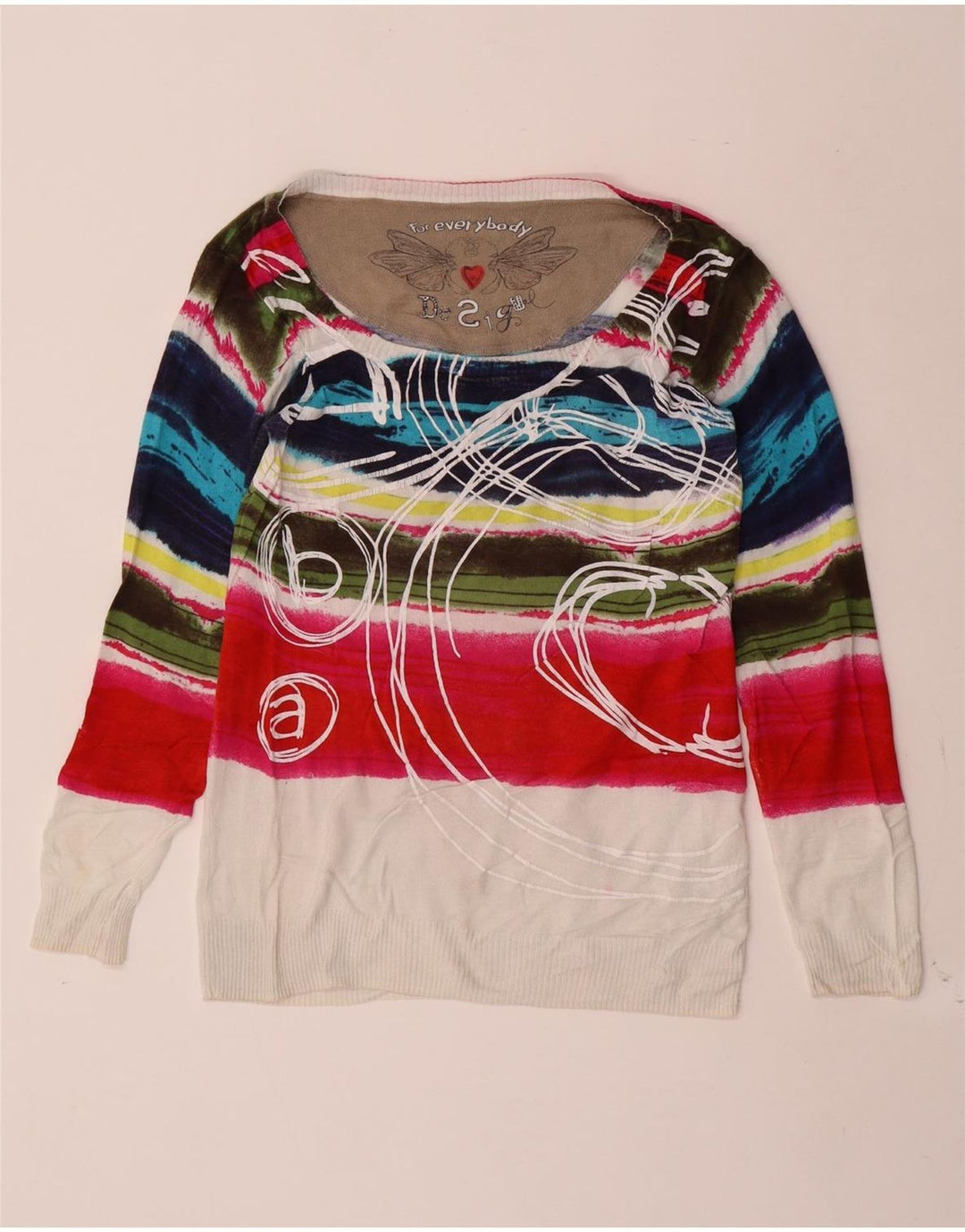 Desigual Femme Pull Col Bateau UK 12 Moyen Multicolore