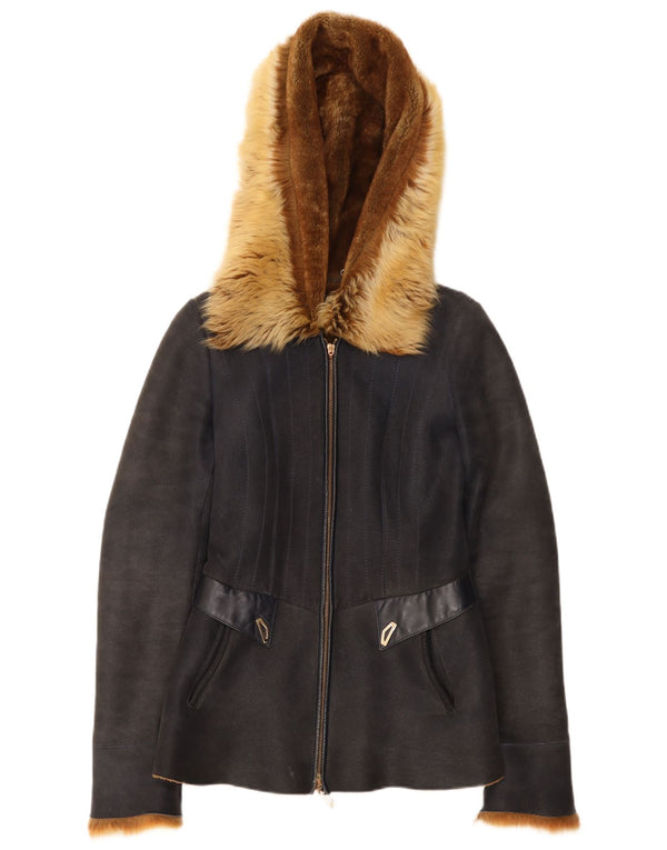 veste en peau de mouton à capuche femme vintage EU 38 Cuir bleu marine moyen