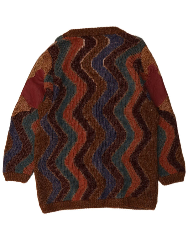 vintage Femme Cardigan Pull UK 18 XL Marron Colourblock Laine