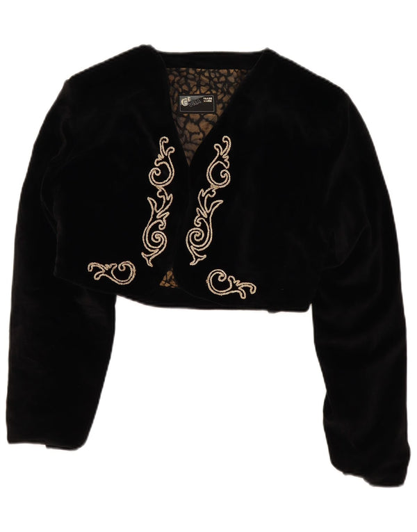 Veste Boléro Vintage Femme Velours UK 14 Coton Floral Noir Moyen