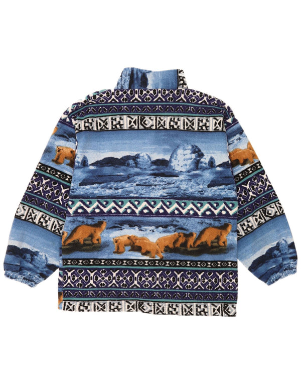 vintage Mens Abstract Pattern Fleece Jacket UK 38 Moyen Bleu Rétro