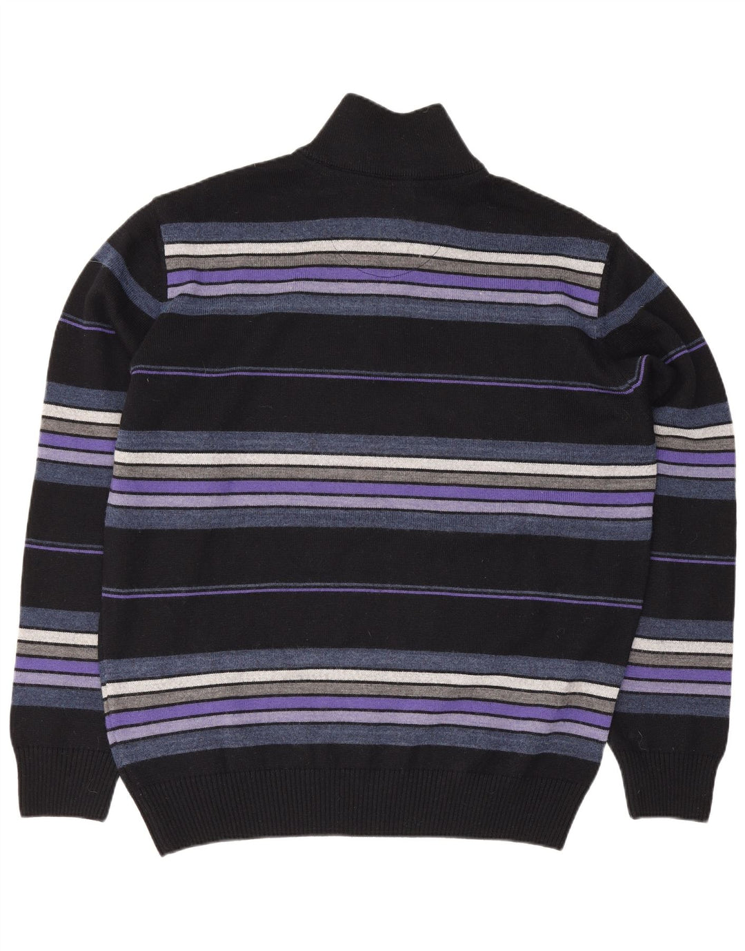 vintage Mens Zip Neck Jumper Pull Grande laine rayée noire