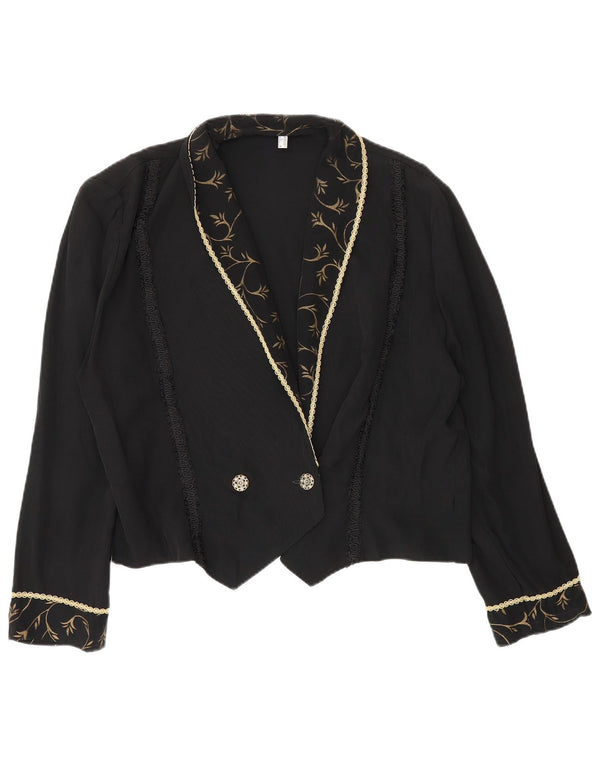 vintage Femmes Crop Double Breasted Blazer Veste UK 12 Moyen Noir Floral