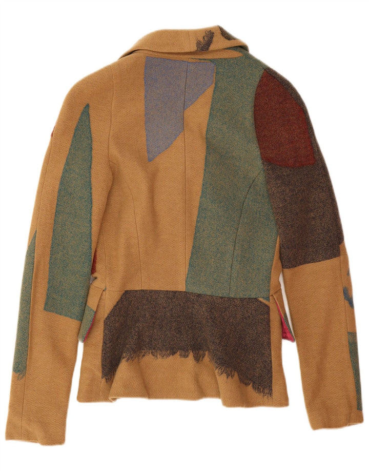 Desigual Veste Blazer Graphique 3 Boutons Femme UK 8 Petit Patchwork Beige