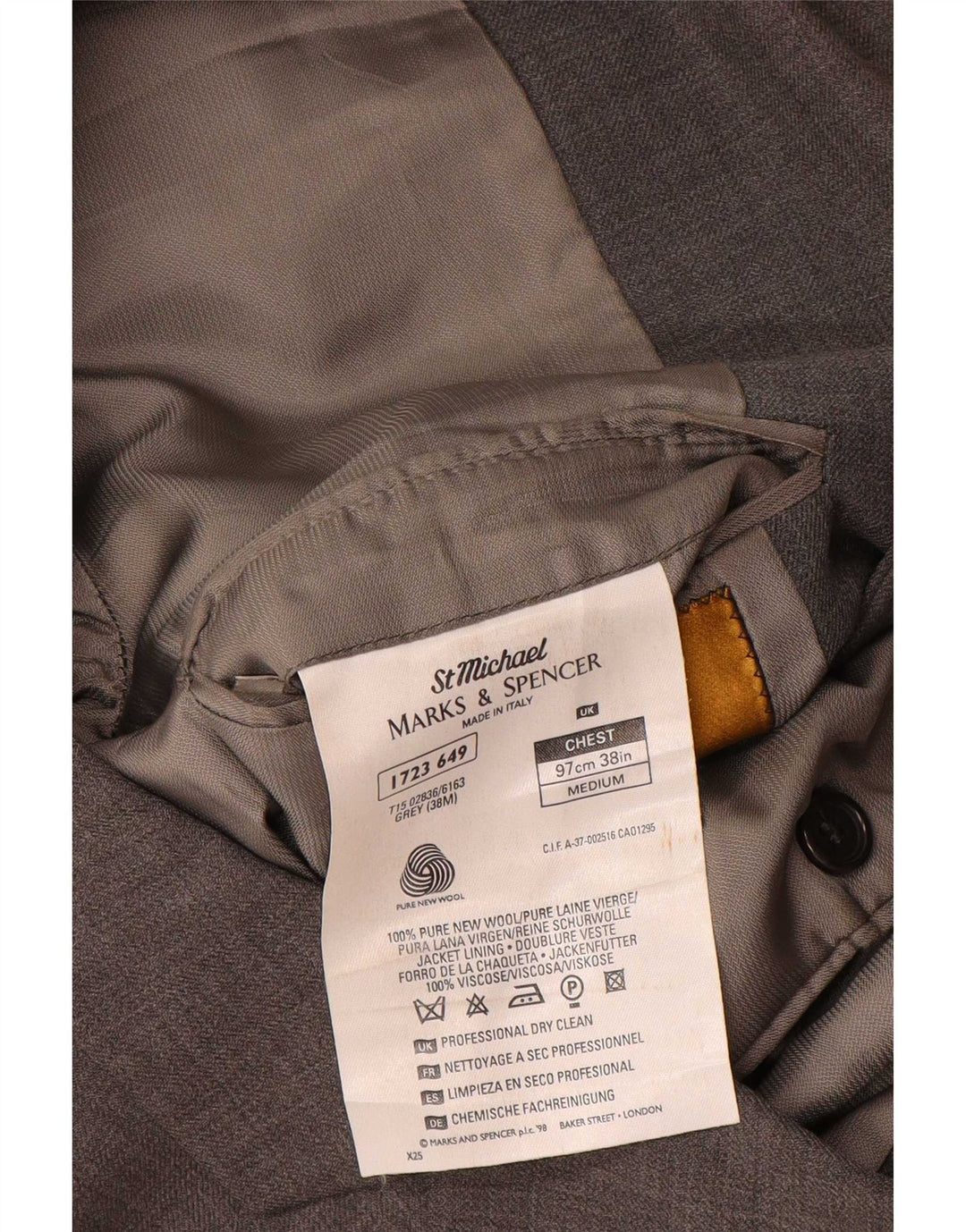 Marks & Spencer Veste blazer à 3 boutons pour homme UK 38 Gris moyen Laine vierge