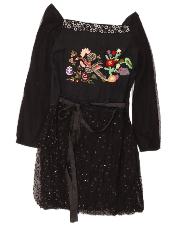 Desigual Robe trapèze graphique à épaules dénudées pour femme EU 42 Large Noir Floral