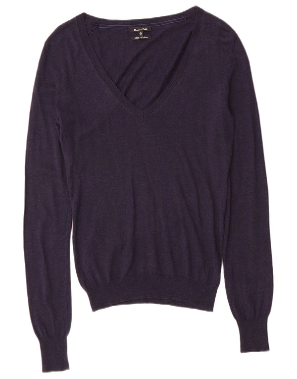 Massimo Dutti Pull col V pour femme UK 12 Bleu marine moyen Soie