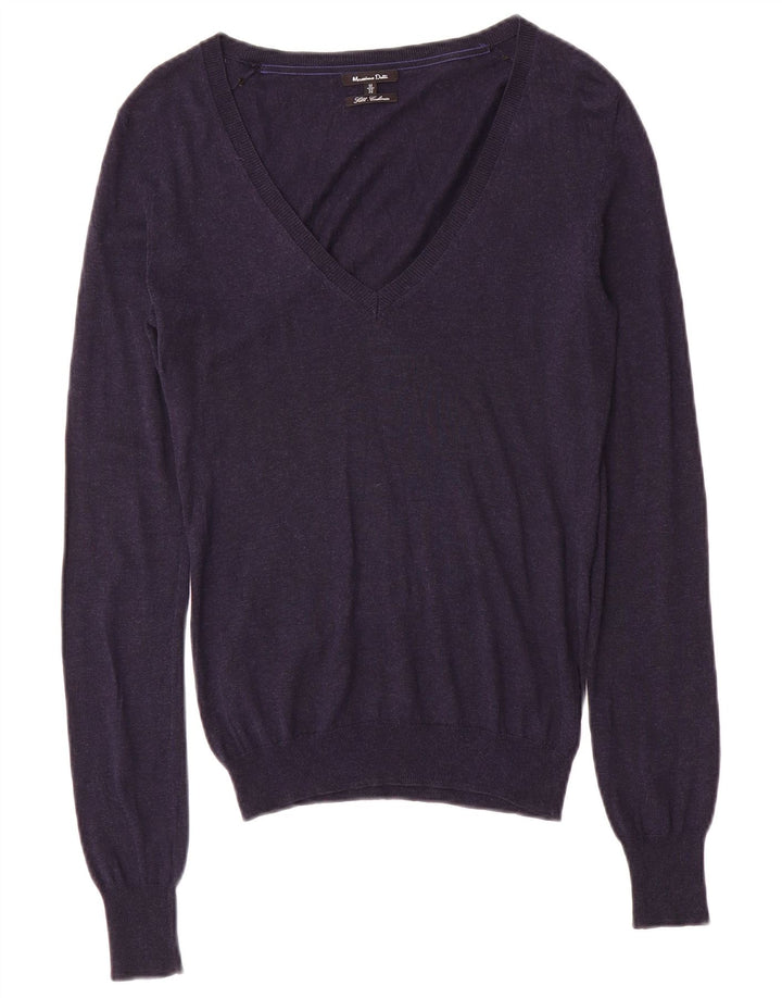 Massimo Dutti Pull col V pour femme UK 12 Bleu marine moyen Soie