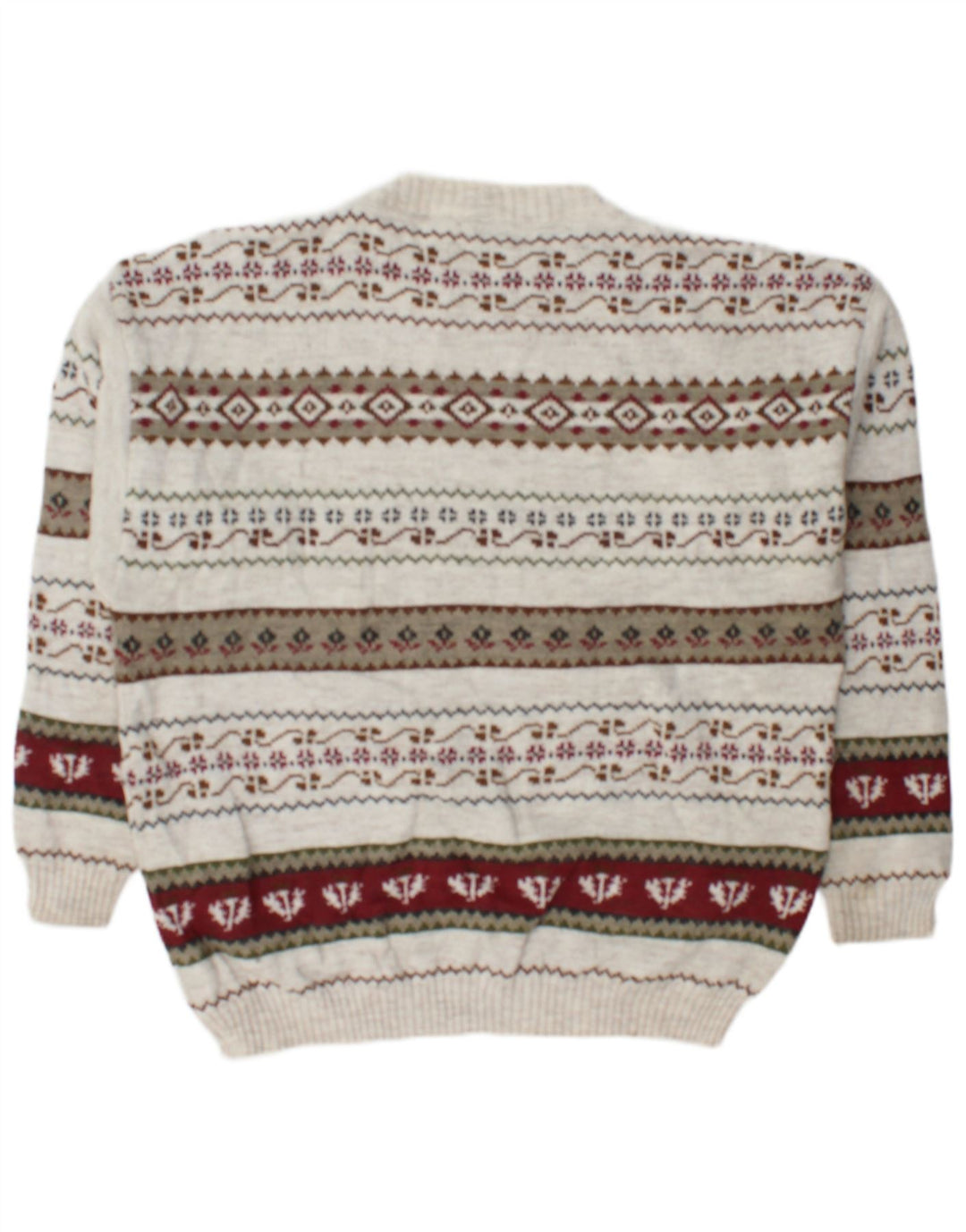 vintage Mens Crew Neck Jumper Pull Grande laine géométrique blanc cassé