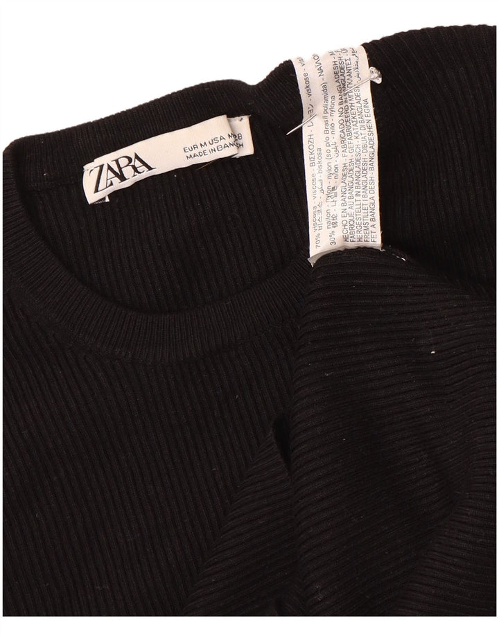 Zara Femme Crop Top Manches 3/4 UK 12 Medium Noir Viscose