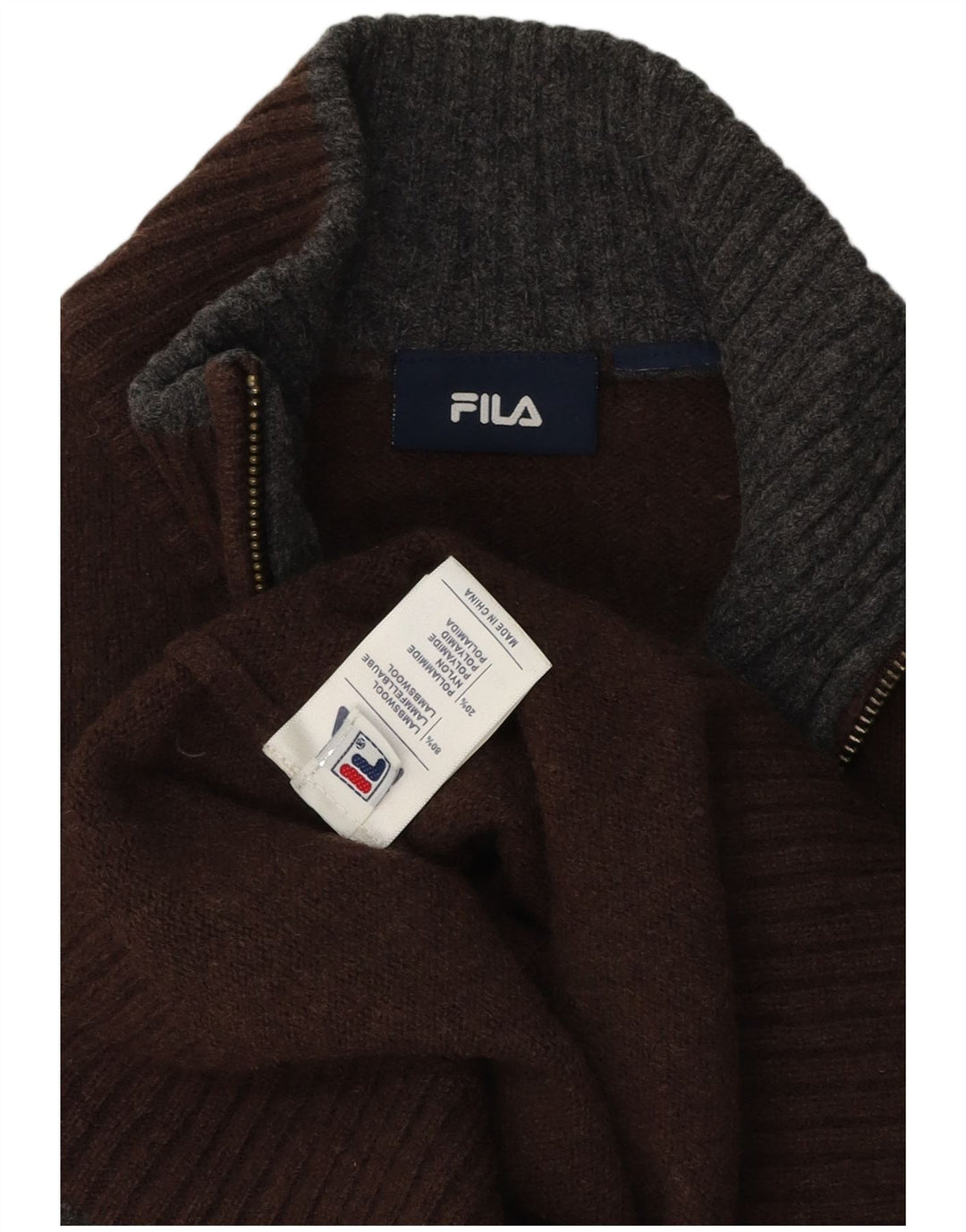 Fila Pull à col zippé pour homme Large en laine d'agneau marron