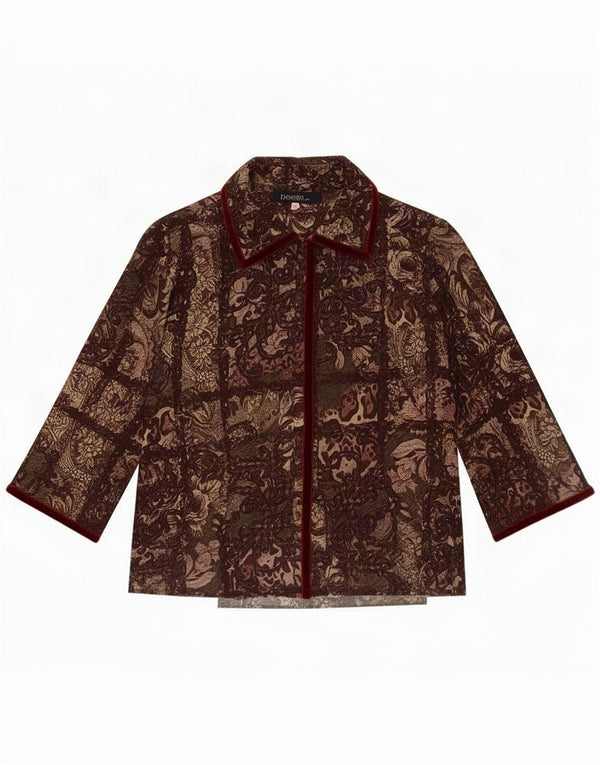 Vintage Womens Crop 3/4 Sleeve Shirt Blouse IT 46 Large Burgundy Floral